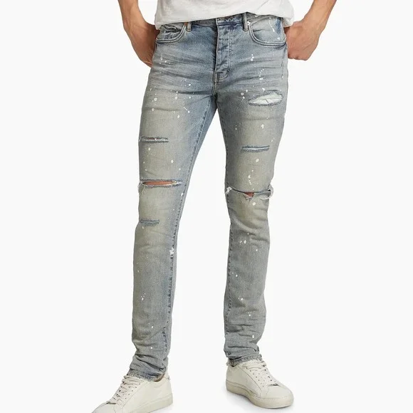 Purple Brand Slim Fit Low Rise Distressed Paint Splatter Jeans 34 New With Tags